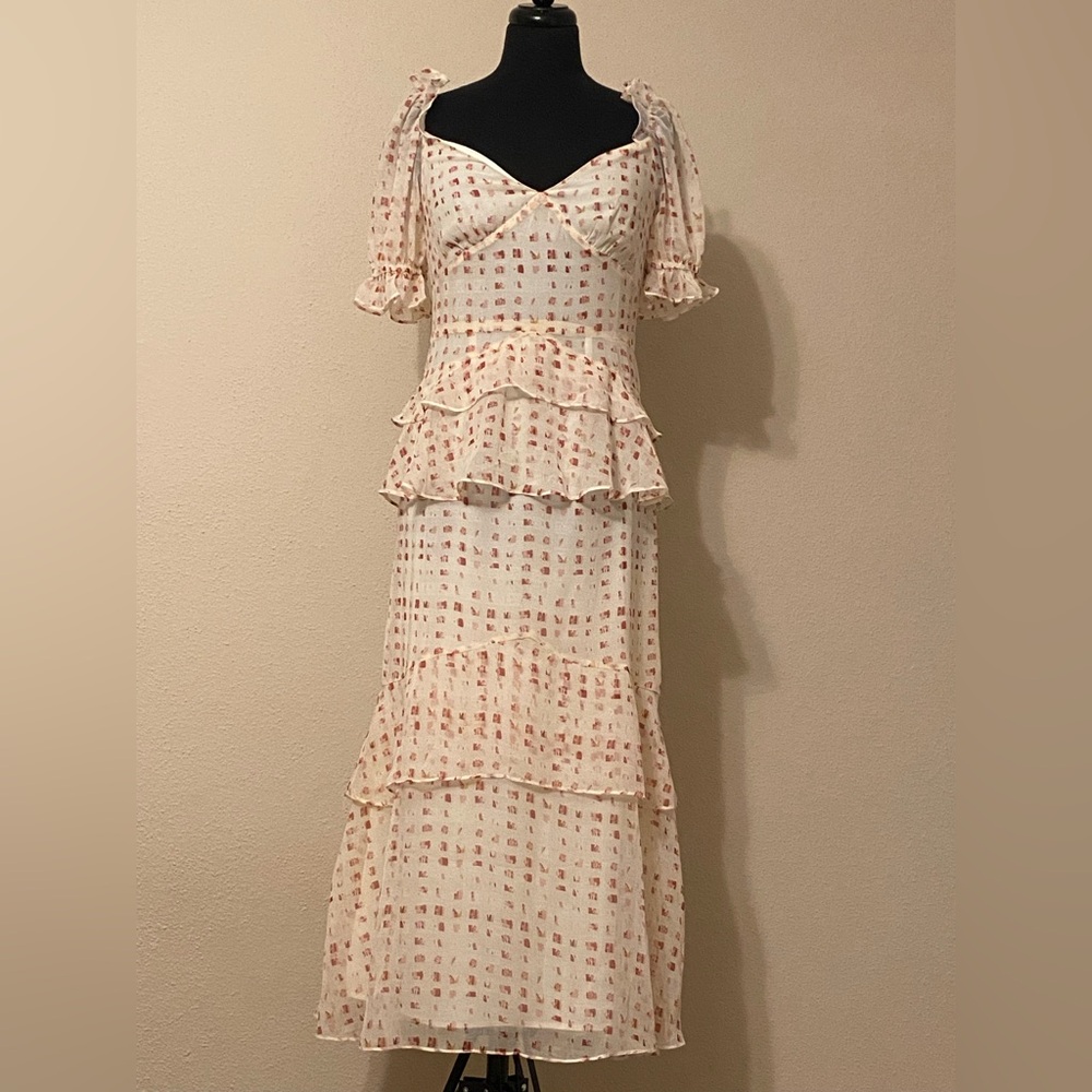 En Saison Pink and White Patterned Ruffle Maxi Dress